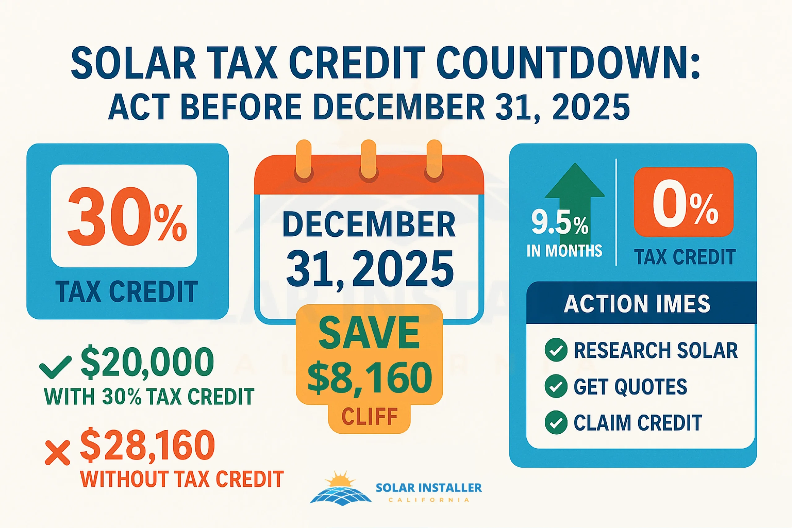 Federal 30% solar tax credit expires December 31, 2025 with no phase-down. Homeowners save $8,160 on average $28,160 installation. After deadline: 0% credit. Electricity rates up 9.5% in 5 months. Act now: research solar options, get multiple quotes, and secure installation before year-end rush. Source: Solar Installer California